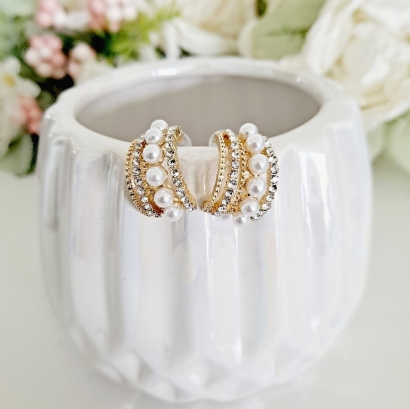 Gold Half Hoop Earrings Pearl Rhinestone Coquette Bridal Wedding Cocktail 💖 - Picture 6 of 16